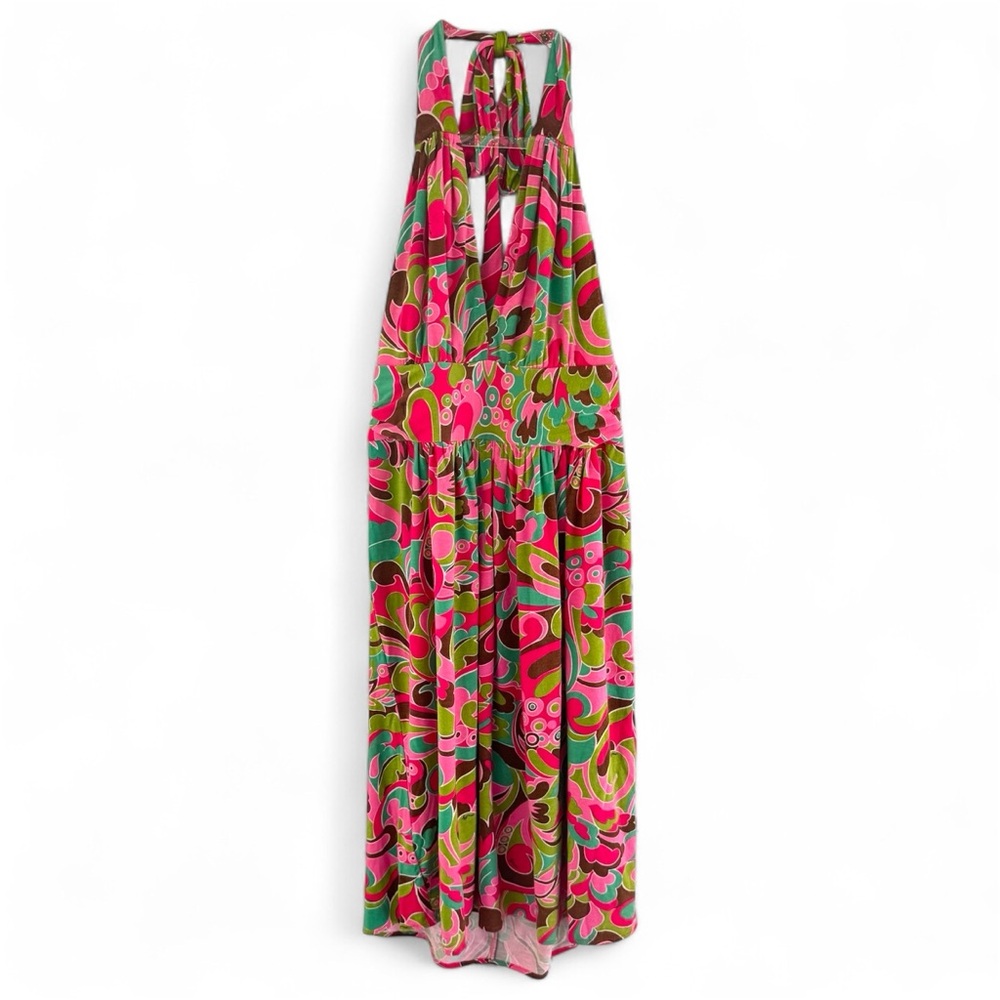 Milly Halter Swing Midi Dress Pink Green Retro Floral Jersey M